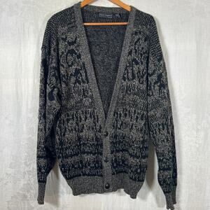 Vintage Cardigan Sweater Large Black Tan Abstract Boxy V Neck Peter England